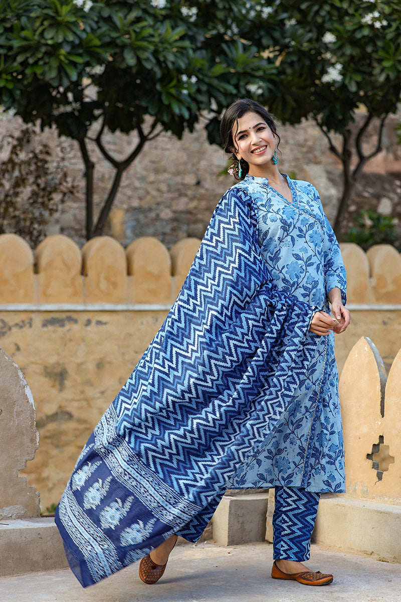 Blue Off-White Print Cotton Kurta with Trousers Dupatta – 