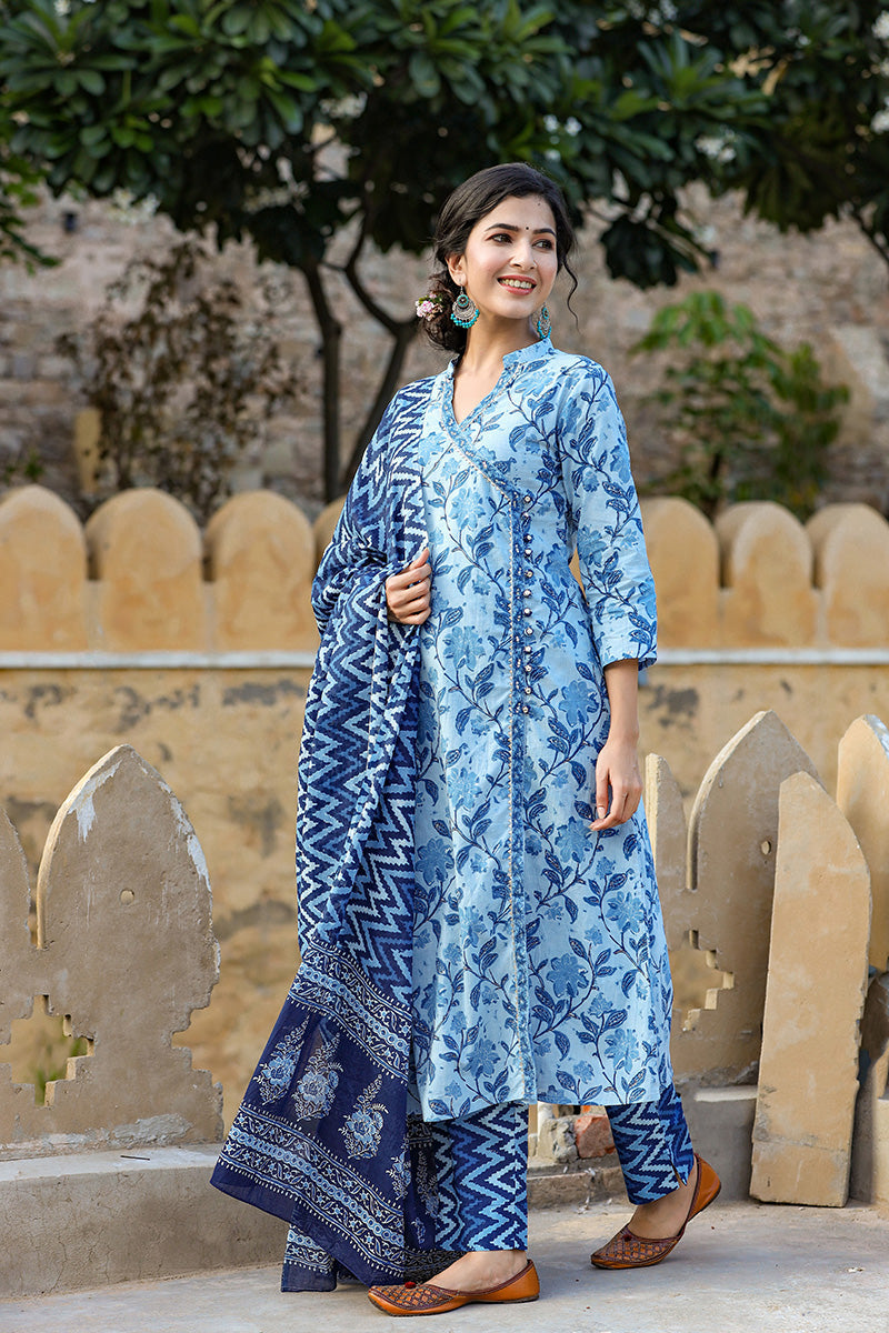 Blue Off-White Print Cotton Kurta with Trousers Dupatta – 