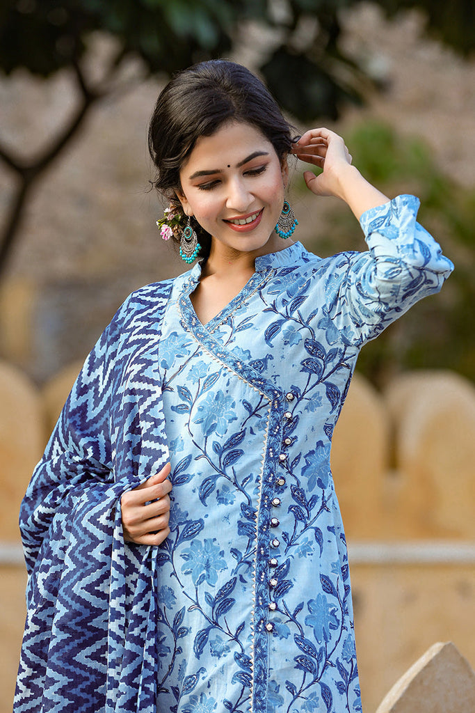 Blue Off-White Print Cotton Kurta with Trousers Dupatta – 