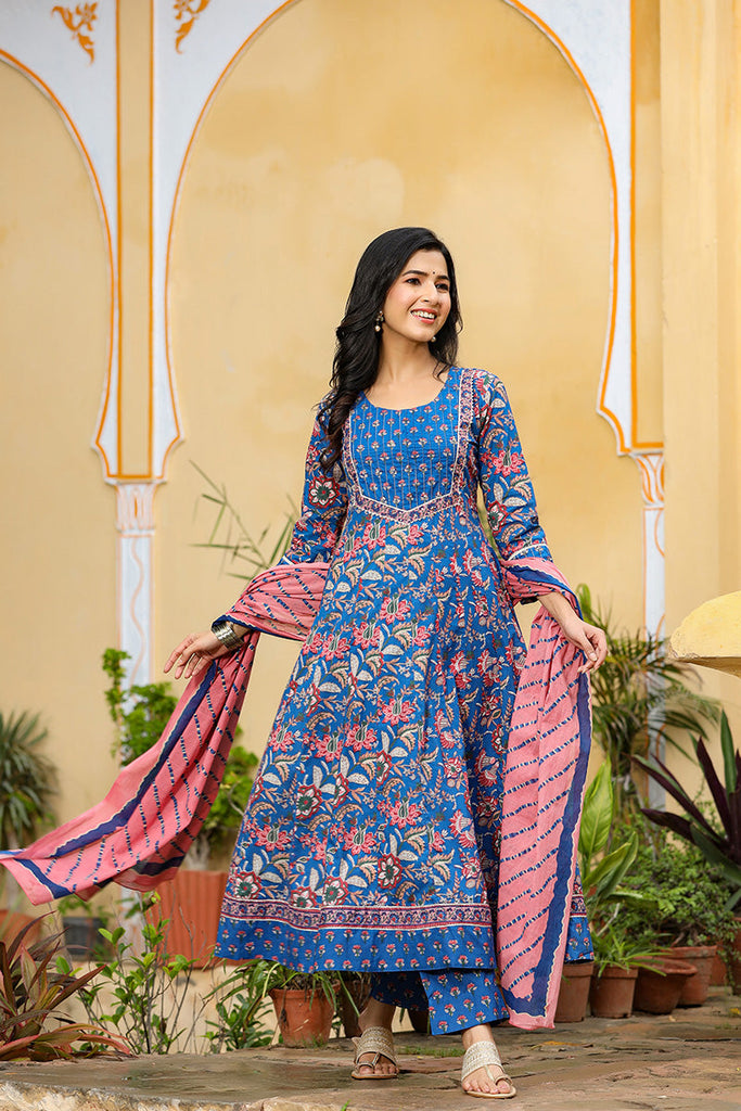  Women Blue Pink Ethnic Motifs Print Pure Cotton Kurta with Trousers Dupatta