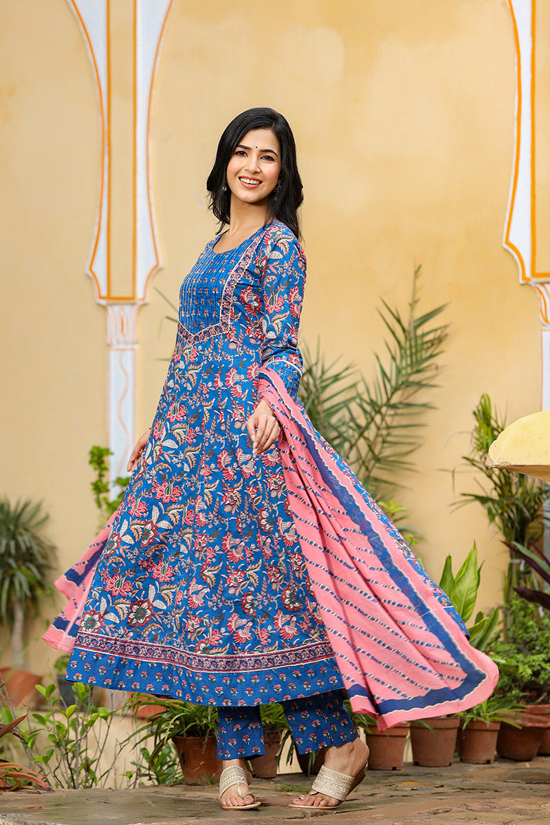  Women Blue Pink Ethnic Motifs Print Pure Cotton Kurta with Trousers Dupatta