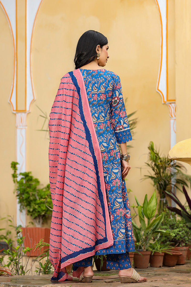  Women Blue Pink Ethnic Motifs Print Pure Cotton Kurta with Trousers Dupatta