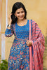  Women Blue Pink Ethnic Motifs Print Pure Cotton Kurta with Trousers Dupatta