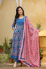  Women Blue Pink Ethnic Motifs Print Pure Cotton Kurta with Trousers Dupatta