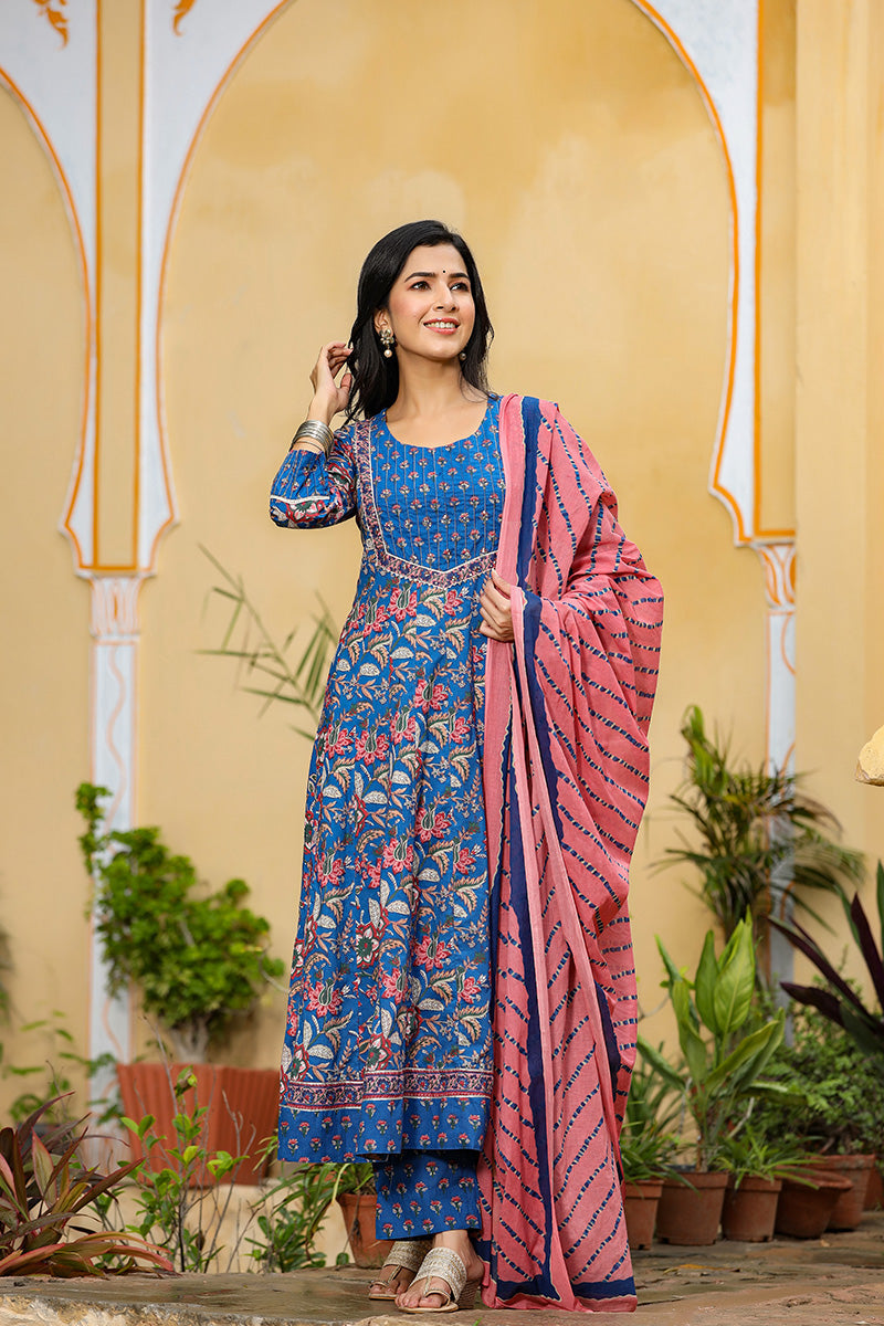  Women Blue Pink Ethnic Motifs Print Pure Cotton Kurta with Trousers Dupatta