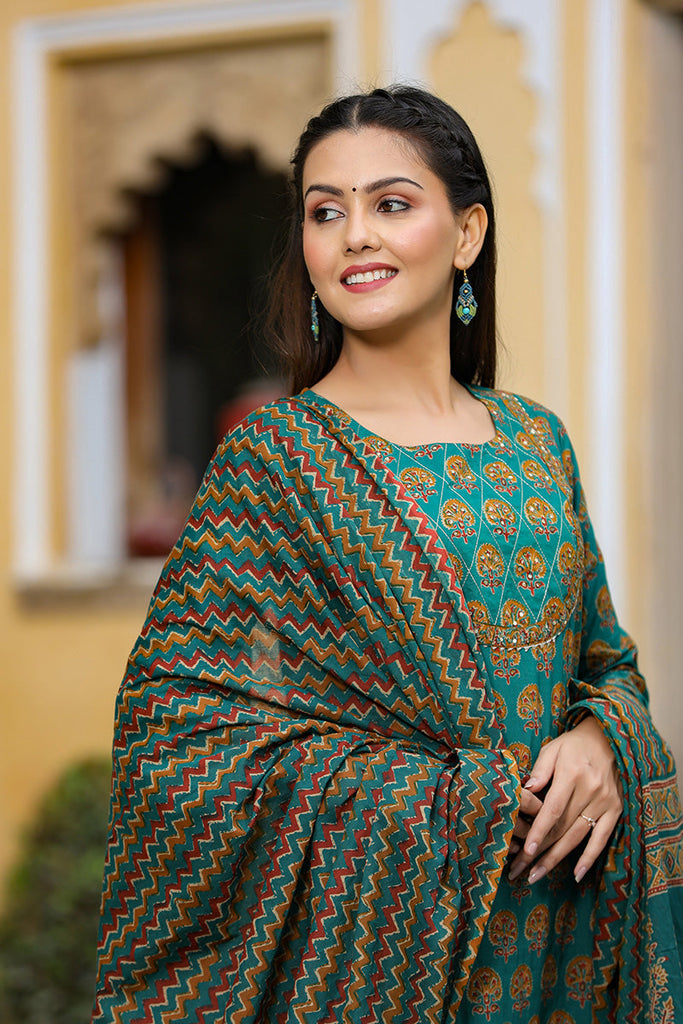 Teal Green Printed Cotton Kurta with Trousers Dupatta – 