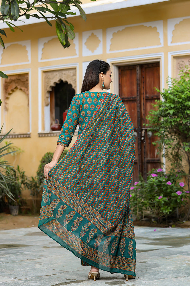 Teal Green Printed Cotton Kurta with Trousers Dupatta – 