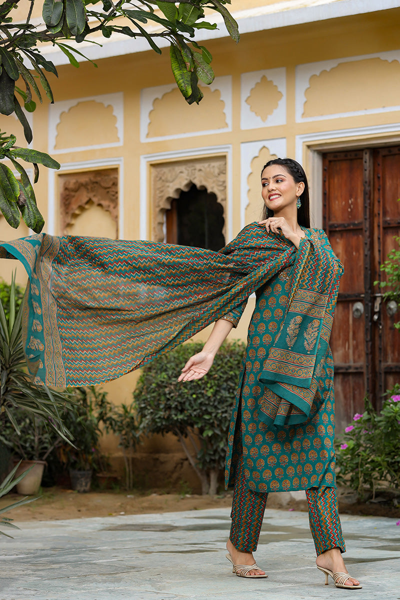 Teal Green Printed Cotton Kurta with Trousers Dupatta – 