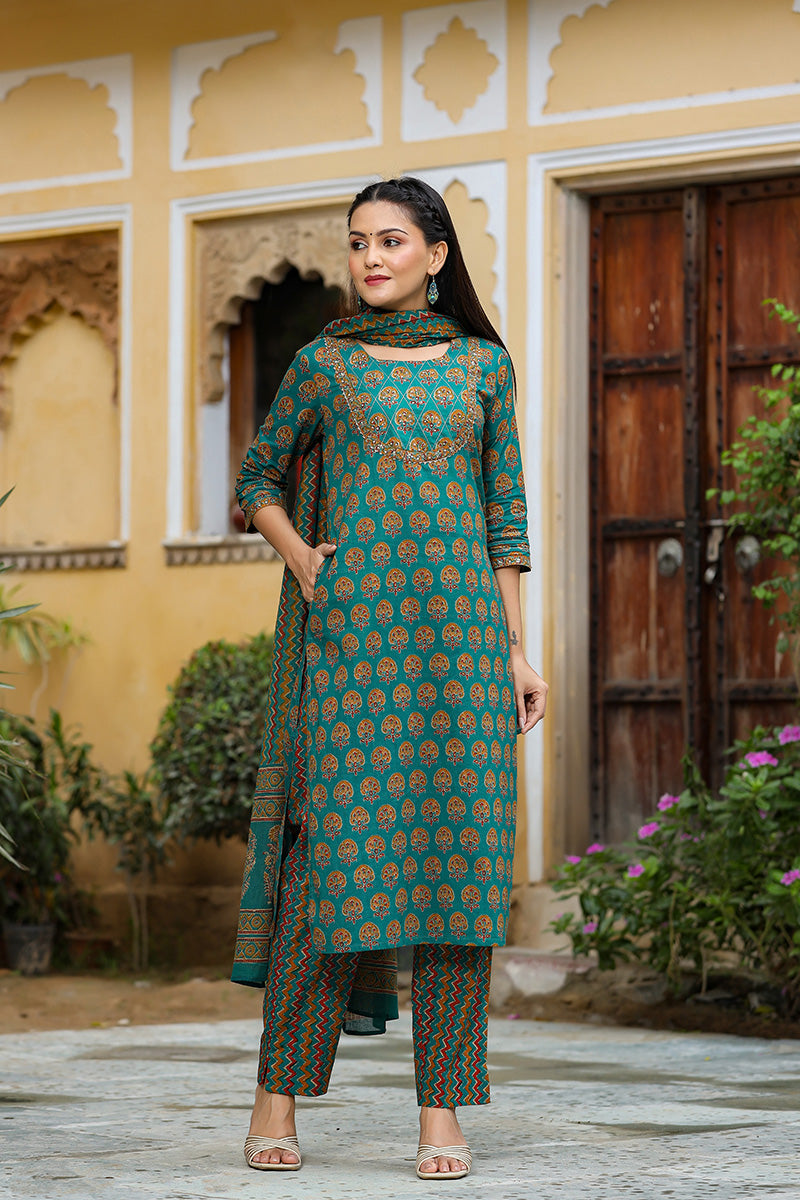 Teal Green Printed Cotton Kurta with Trousers Dupatta – 