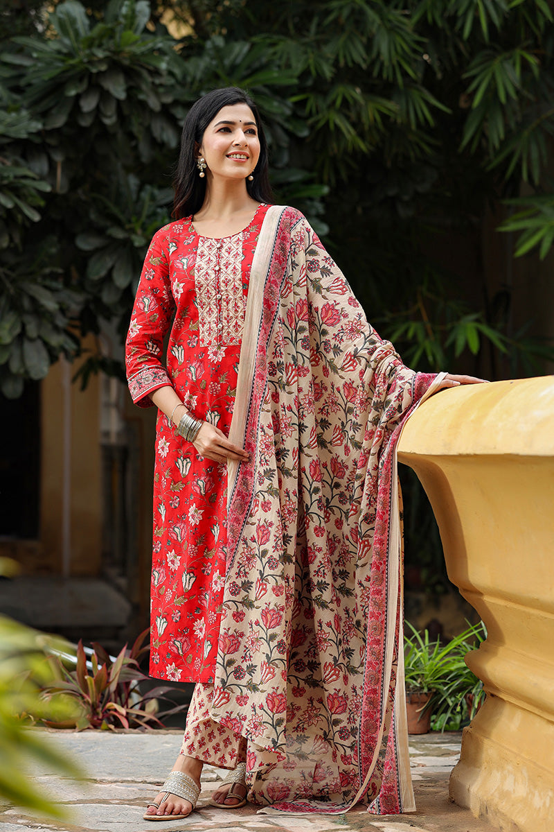  Women Red Cream-Coloured Printed Cotton Kurta with Trousers Dupatta