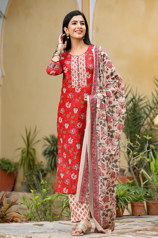  Women Red Cream-Coloured Printed Cotton Kurta with Trousers Dupatta