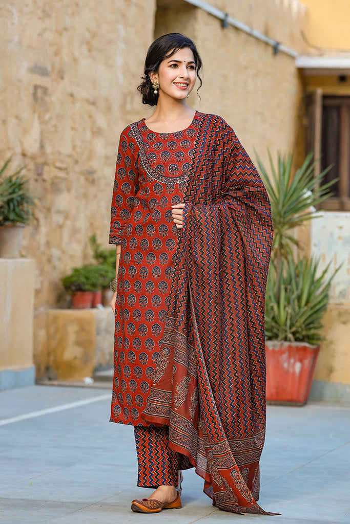 Rust Orange Navy Blue Printed Kurta with Trousers Dupatta – 