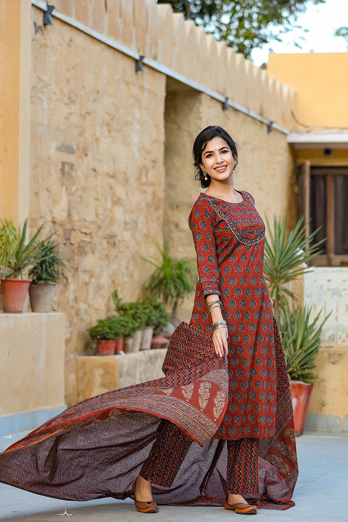 Rust Orange Navy Blue Printed Kurta with Trousers Dupatta – 