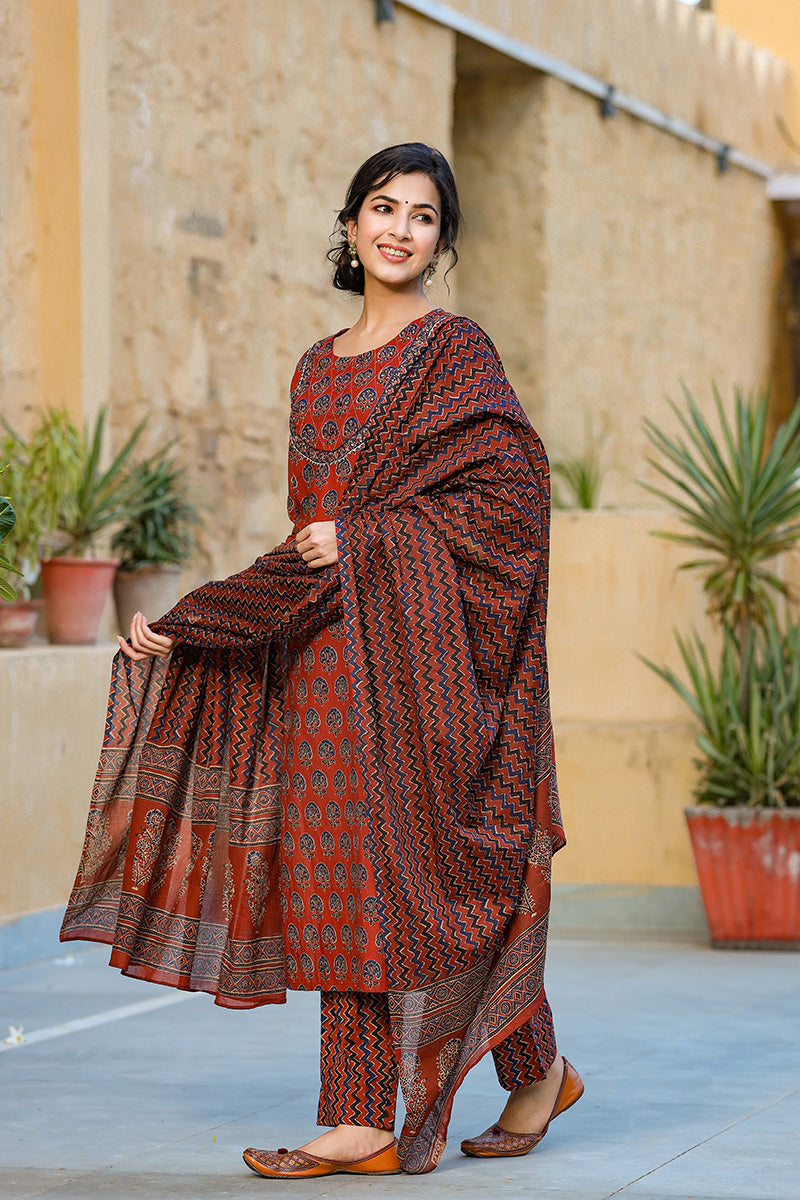 Rust Orange Navy Blue Printed Kurta with Trousers Dupatta – 