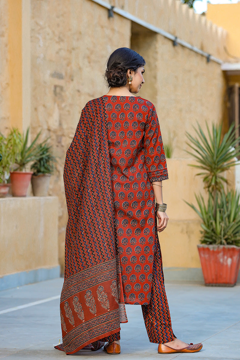 Rust Orange Navy Blue Printed Kurta with Trousers Dupatta – 