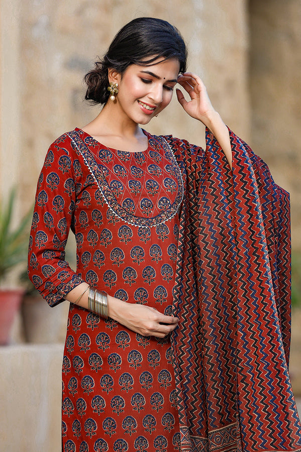 Rust Orange Navy Blue Printed Kurta with Trousers Dupatta – 