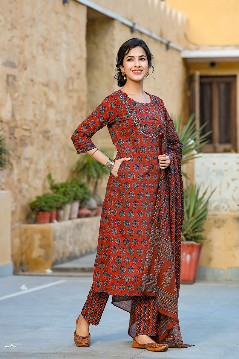 Rust Orange Navy Blue Printed Kurta with Trousers Dupatta – 