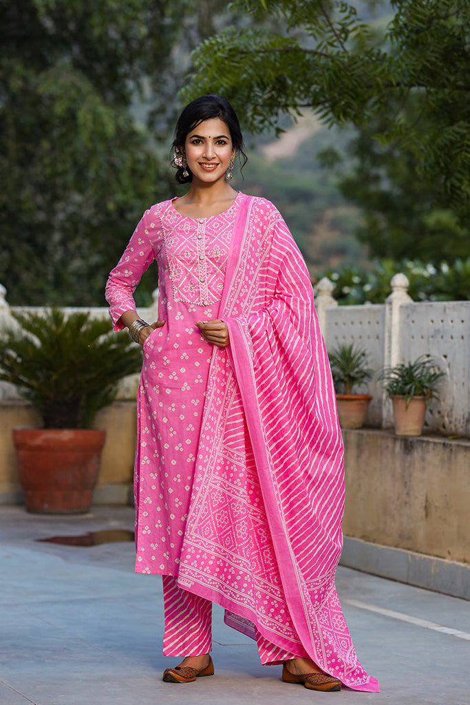 Pink White Bandhani Print Kurta with Trousers Dupatta – 