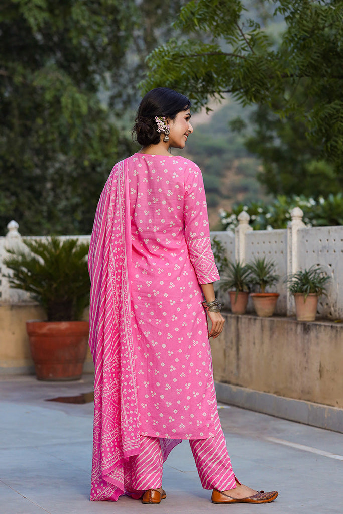 Pink White Bandhani Print Kurta with Trousers Dupatta – 