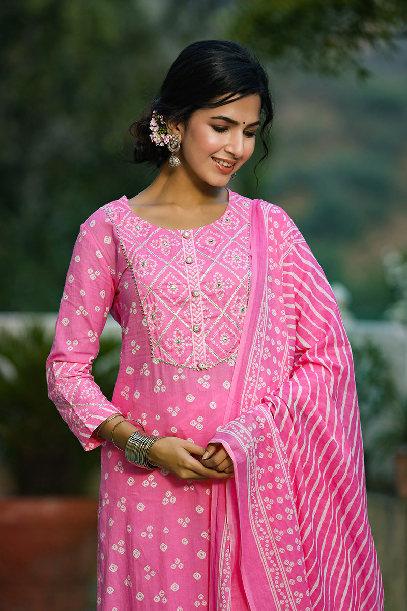 Pink White Bandhani Print Kurta with Trousers Dupatta – 