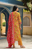  Women Mustard Yellow Pink Ethnic Motifs Print Cotton Kurta with Trousers Dupatta