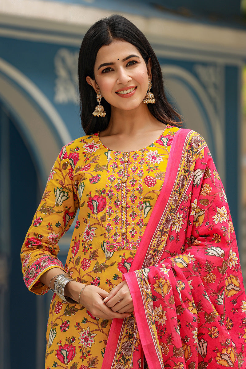  Women Mustard Yellow Pink Ethnic Motifs Print Cotton Kurta with Trousers Dupatta