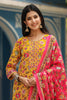  Women Mustard Yellow Pink Ethnic Motifs Print Cotton Kurta with Trousers Dupatta