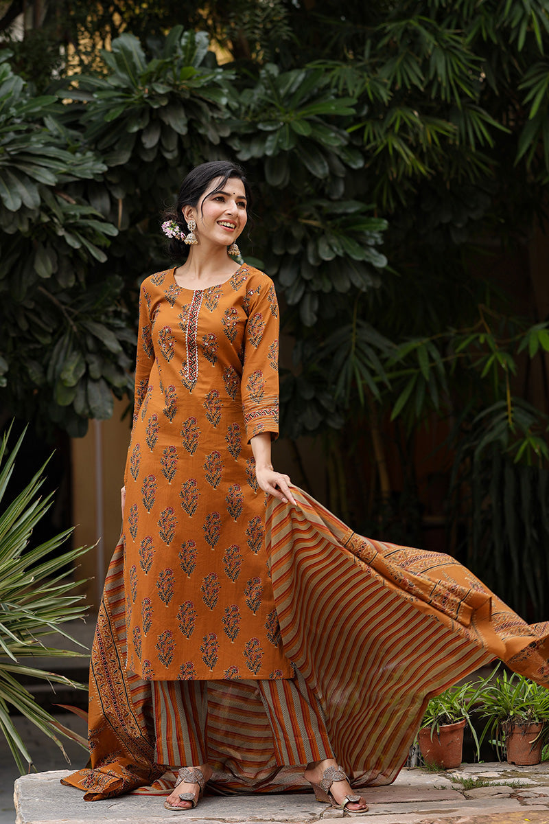 Olive Brown Pure Cotton Kurta with Trousers Dupatta – 