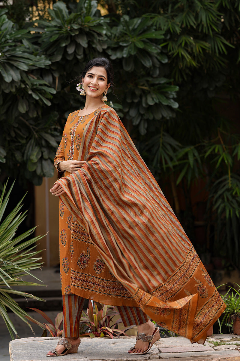 Olive Brown Pure Cotton Kurta with Trousers Dupatta – 