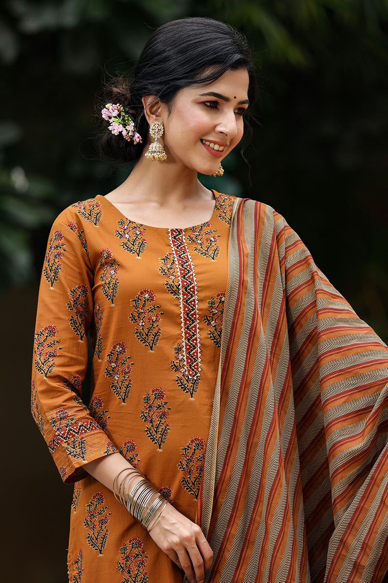 Olive Brown Pure Cotton Kurta with Trousers Dupatta – 