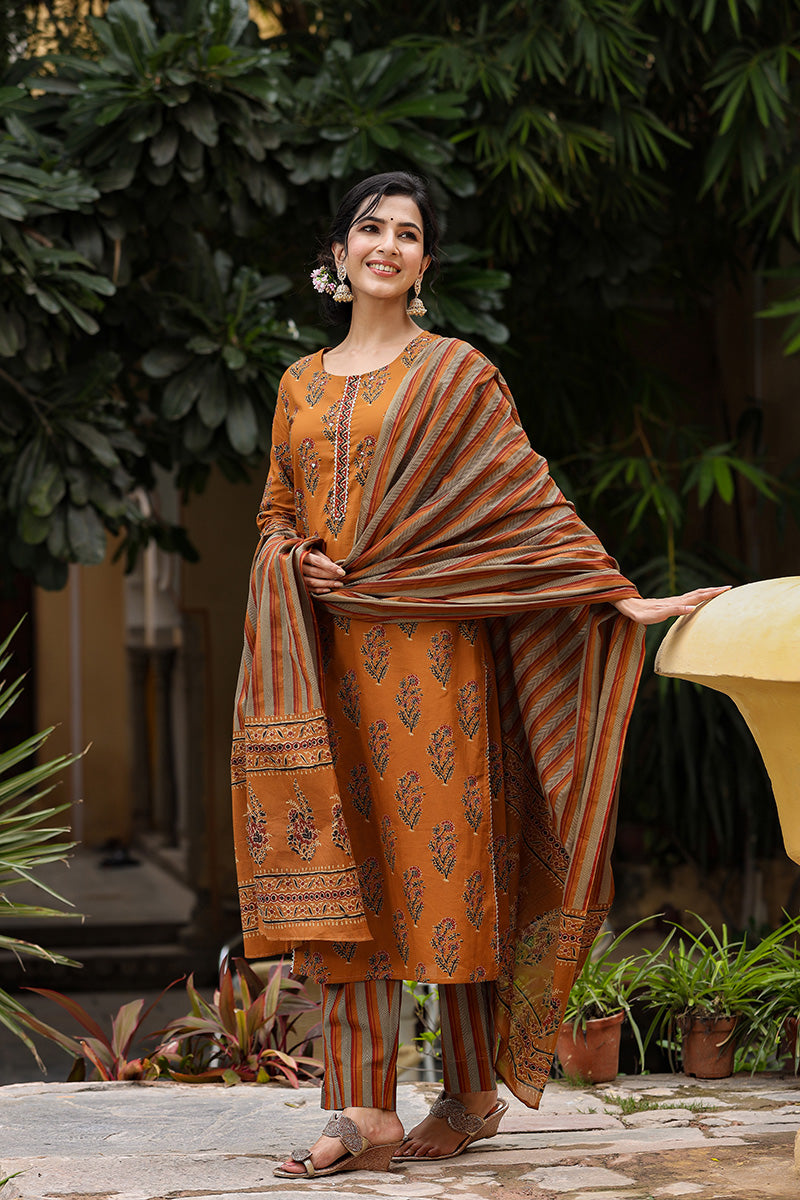 Olive Brown Pure Cotton Kurta with Trousers Dupatta – 