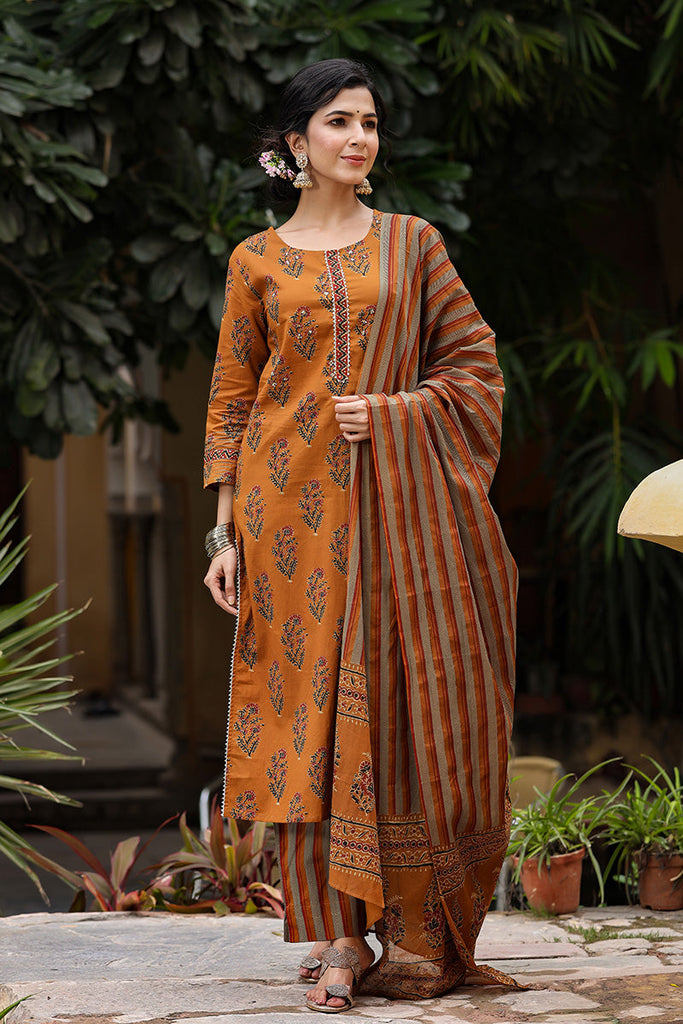 Olive Brown Pure Cotton Kurta with Trousers Dupatta – 