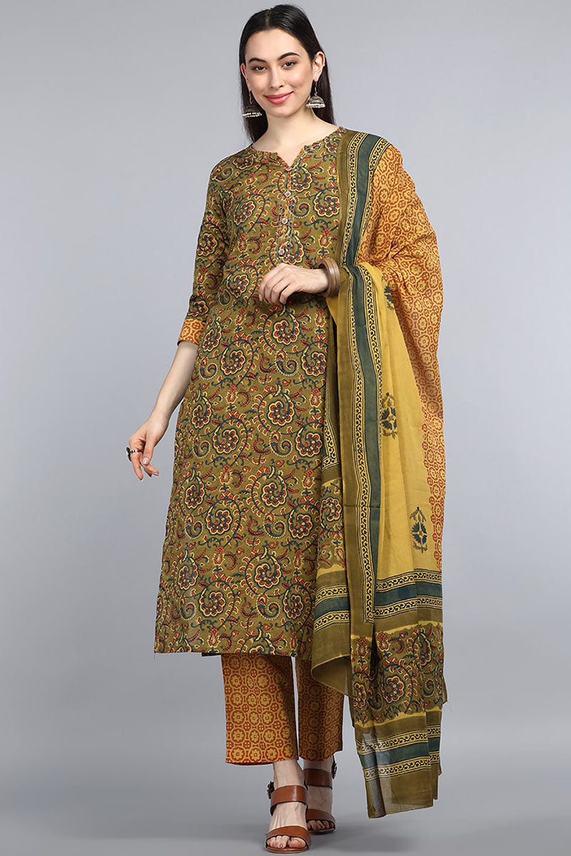  Women Green Yellow Floral Printed Pure Cotton Kurta with Trousers Dupatta Set