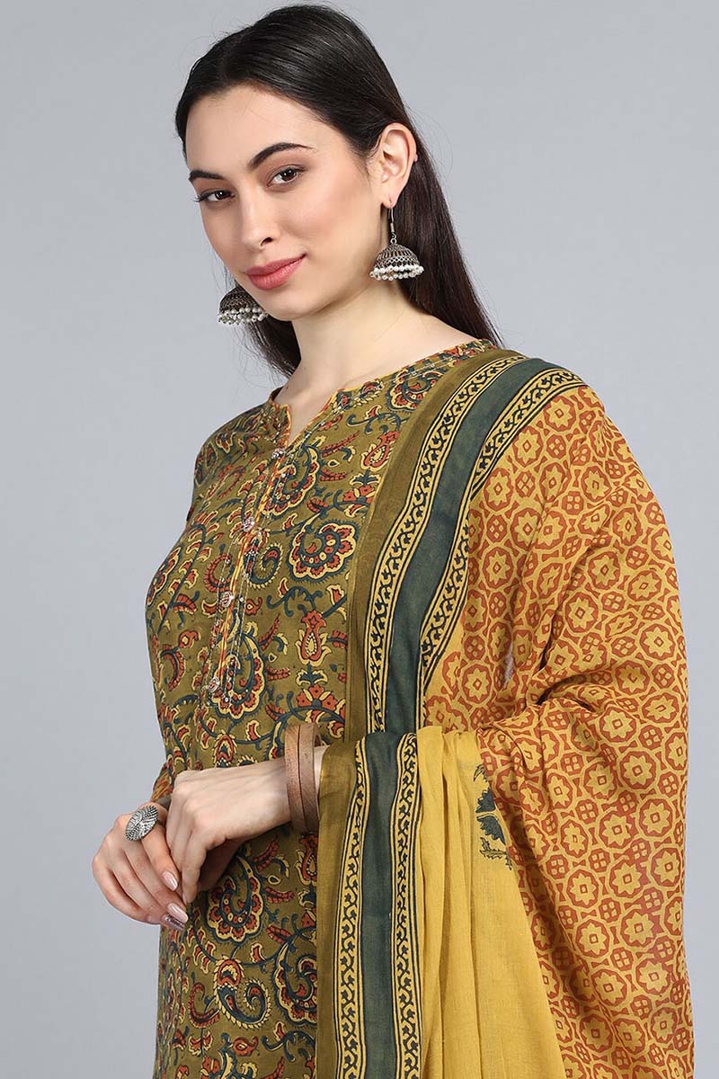  Women Green Yellow Floral Printed Pure Cotton Kurta with Trousers Dupatta Set