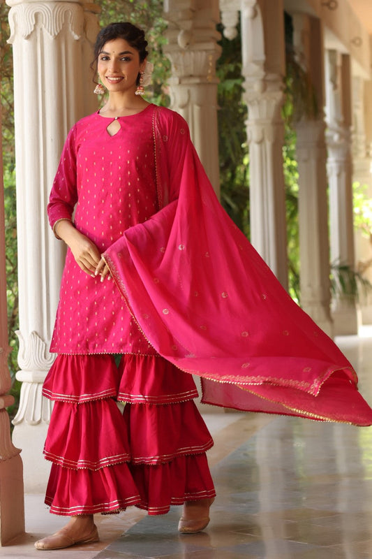  Women Pink Ethnic Motifs Embroidered Regular Poly silk Kurta with Sharara With Dupatta Set