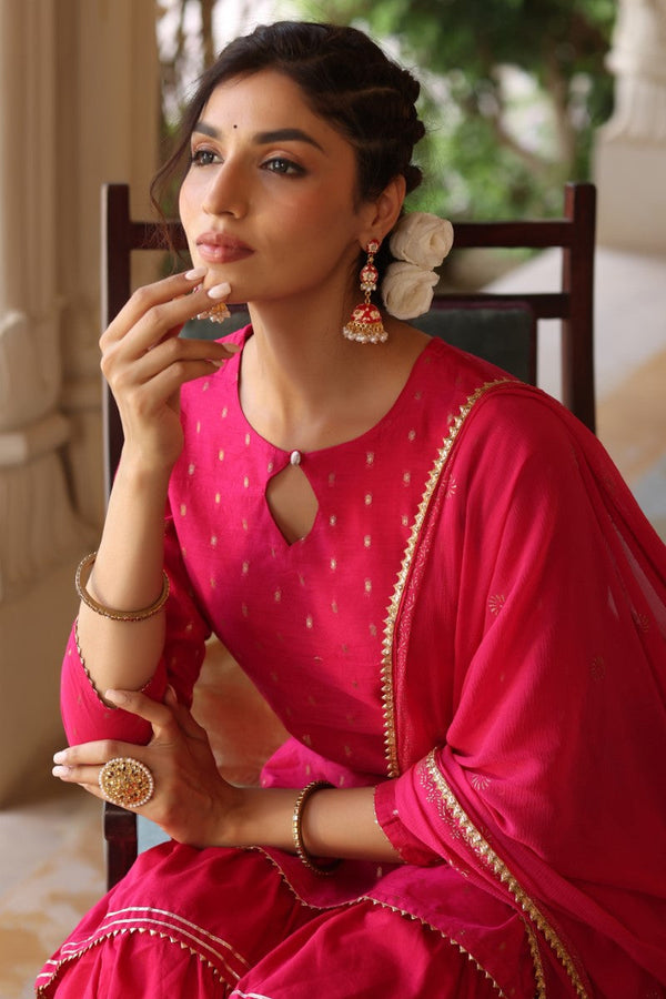 Women Pink Ethnic Motifs Embroidered Regular Poly silk Kurta with Sharara With Dupatta Set