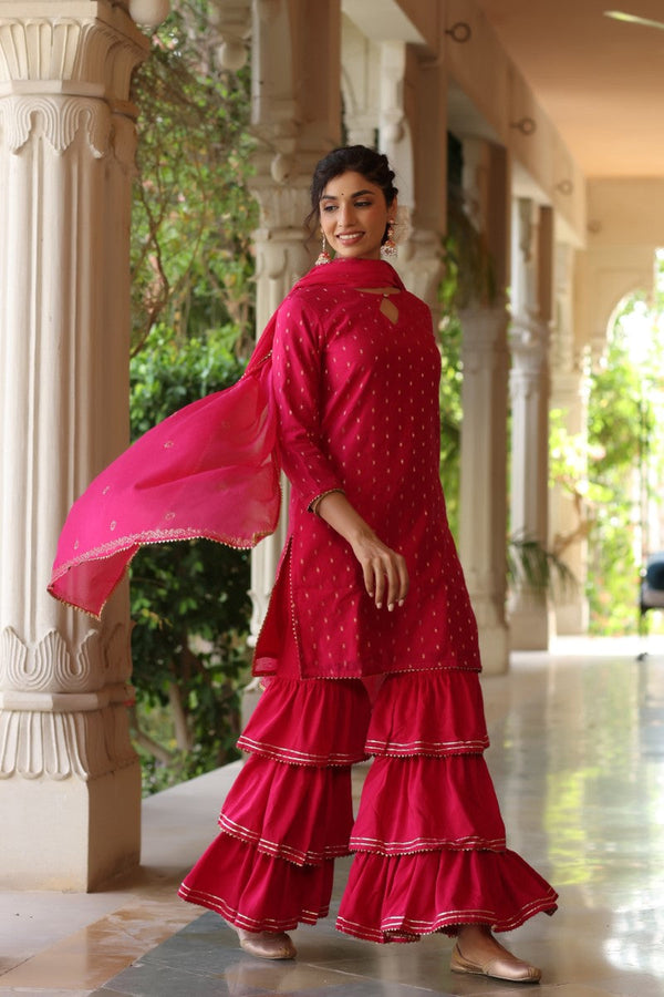  Women Pink Ethnic Motifs Embroidered Regular Poly silk Kurta with Sharara With Dupatta Set