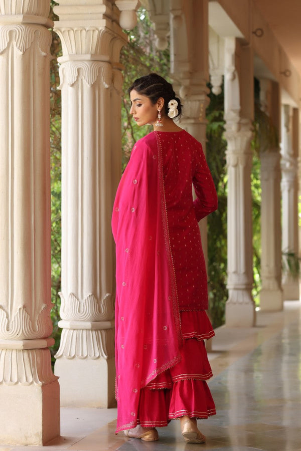  Women Pink Ethnic Motifs Embroidered Regular Poly silk Kurta with Sharara With Dupatta Set