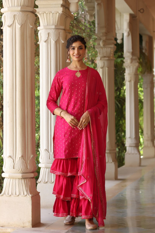  Women Pink Ethnic Motifs Embroidered Regular Poly silk Kurta with Sharara With Dupatta Set