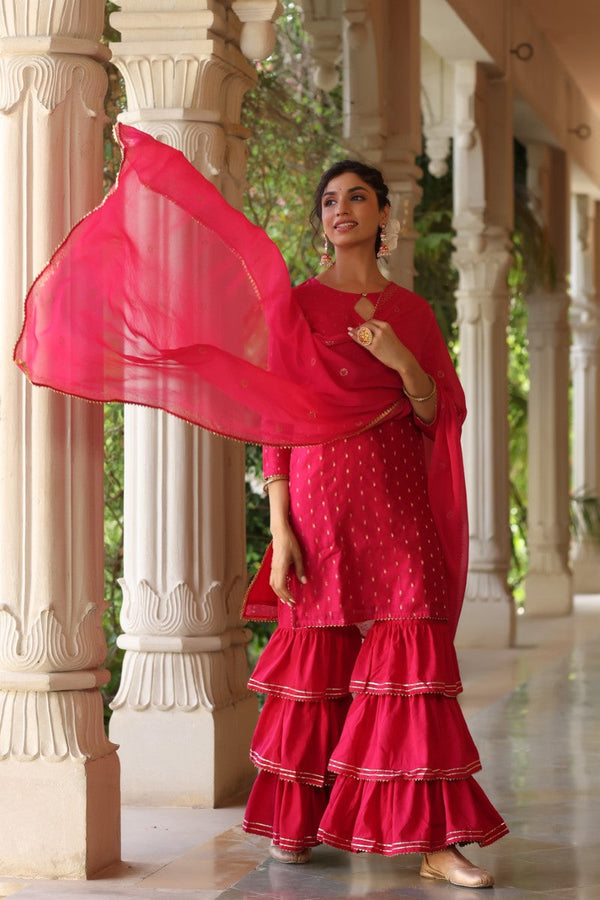  Women Pink Ethnic Motifs Embroidered Regular Poly silk Kurta with Sharara With Dupatta Set