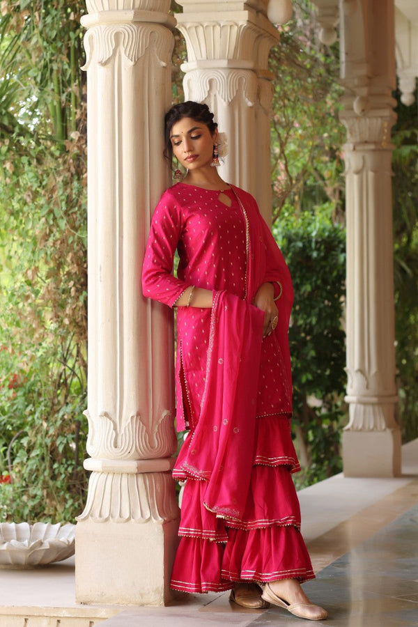  Women Pink Ethnic Motifs Embroidered Regular Poly silk Kurta with Sharara With Dupatta Set