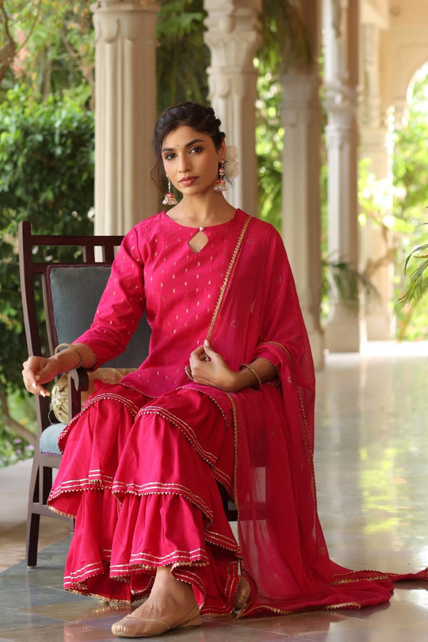  Women Pink Ethnic Motifs Embroidered Regular Poly silk Kurta with Sharara With Dupatta Set