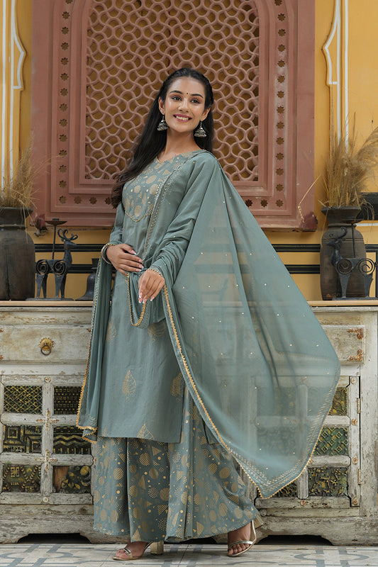  Women Grey Gold Toned Embroidered Pure Cotton Kurta With Palazzos Dupatta Set