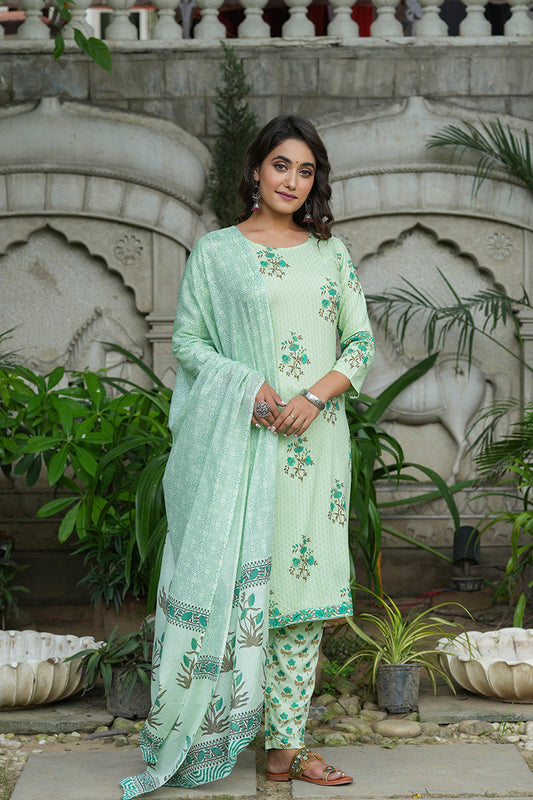  Women Green Floral Printed Regular Pure Cotton Kurta With Salwar Dupatta Set