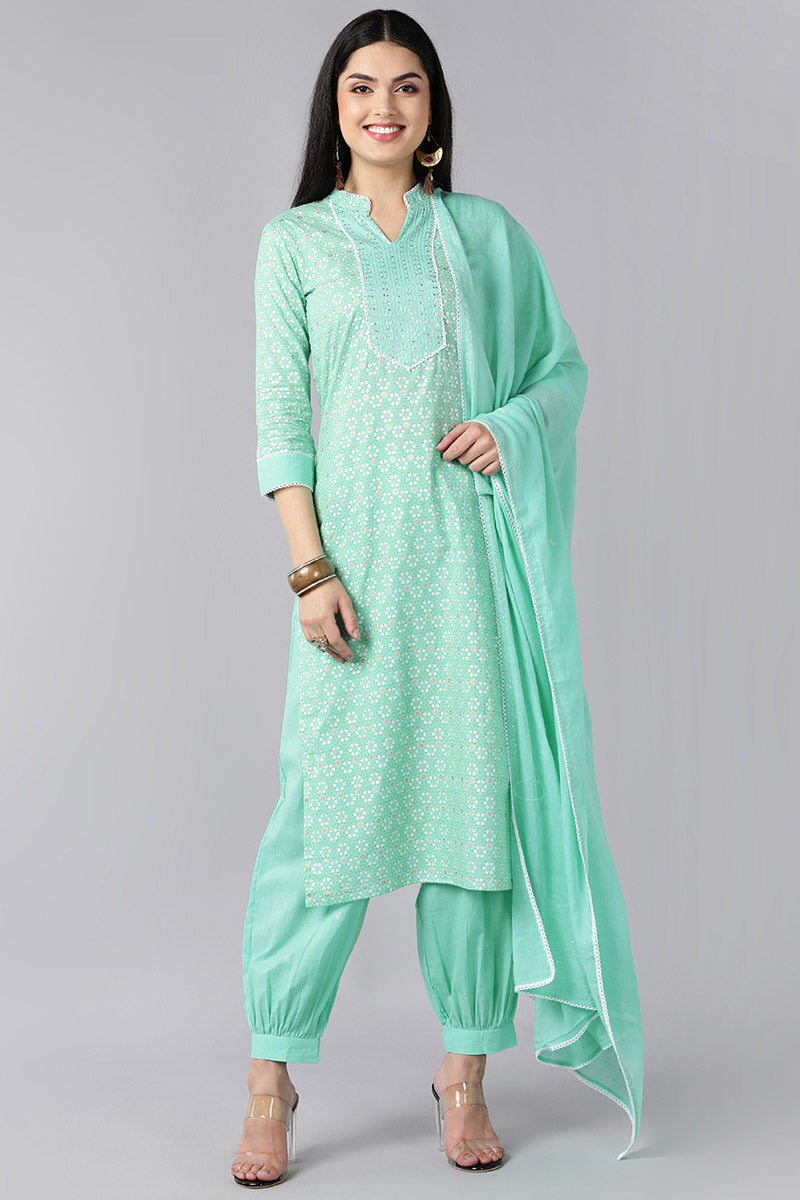  Women Sea Green Ethnic Motifs Printed Sequinned Cotton Kurta