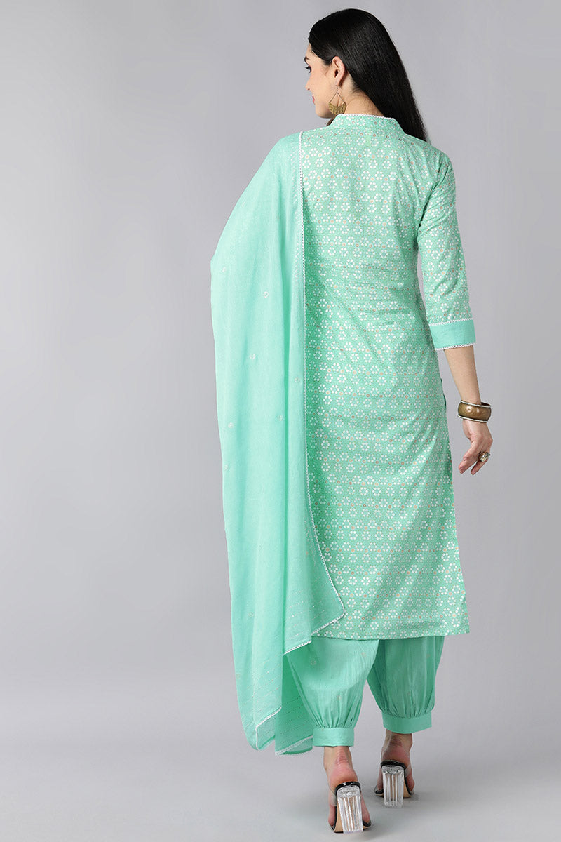  Women Sea Green Ethnic Motifs Printed Sequinned Cotton Kurta