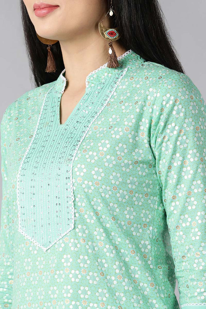  Women Sea Green Ethnic Motifs Printed Sequinned Cotton Kurta