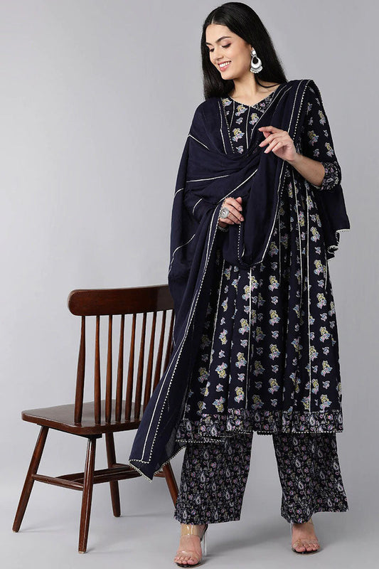  Women Navy Blue Motifs Printed Gotta Patti Pure Cotton Kurta