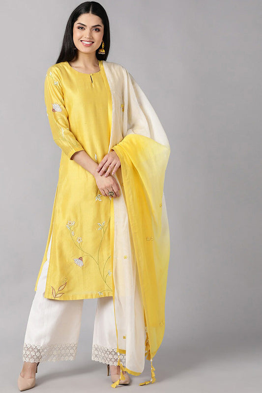  Women Yellow Ethnic Motifs Embroidered Thread Work Kurta with Trousers Dupatta Set