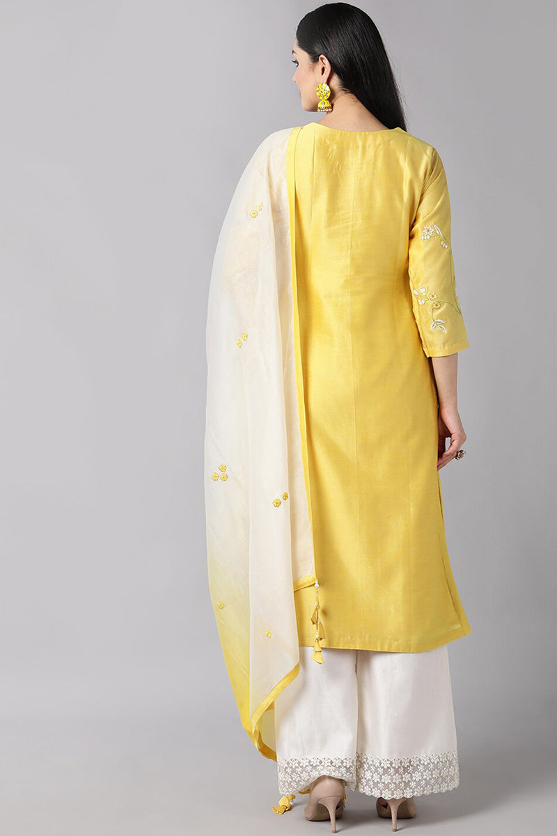  Women Yellow Ethnic Motifs Embroidered Thread Work Kurta with Trousers Dupatta Set